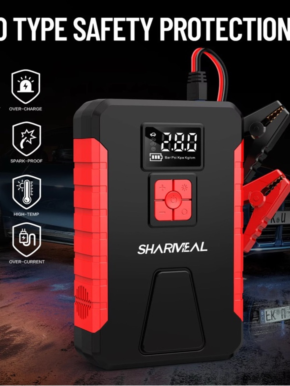 SHARMEAL Portable Jump Starter & Air Compressor - Black/Red